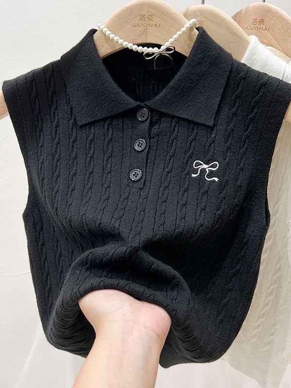 polo翻領針織背心女夏季外穿內搭吊帶無袖小坎肩刺繡短款上衣
