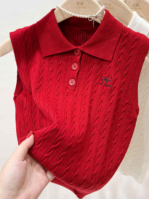 polo翻領針織背心女夏季外穿內搭吊帶無袖小坎肩刺繡短款上衣