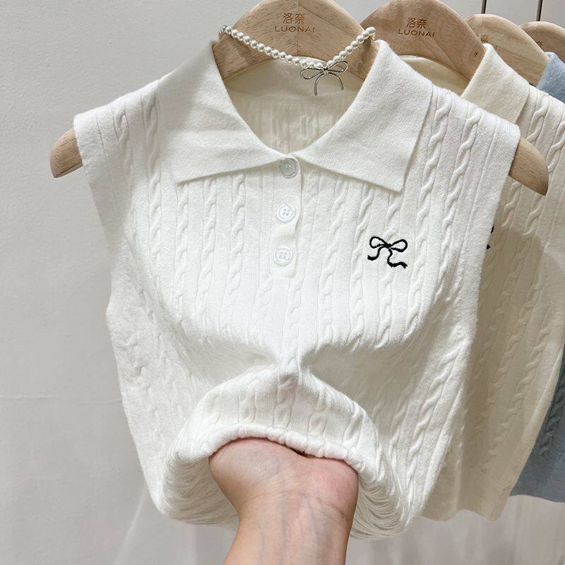 polo翻領針織背心女夏季外穿內搭吊帶無袖小坎肩刺繡短款上衣