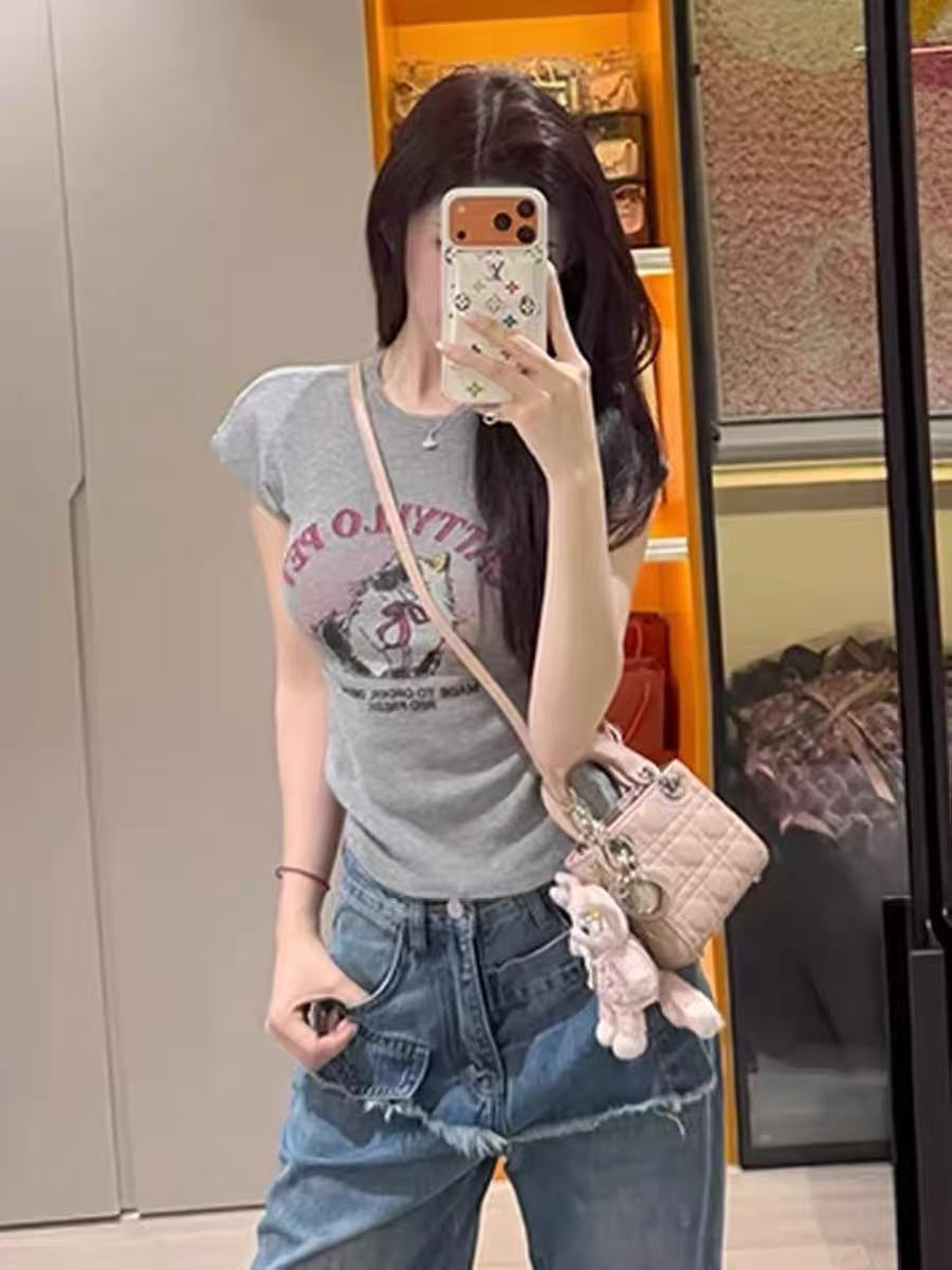 韓系甜美趣味印花短袖針織衫夏季修身顯瘦休閑時髦百搭上衣