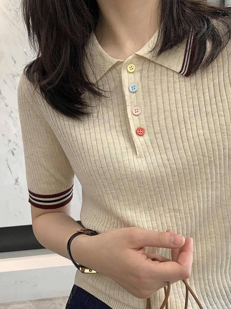 設計感彩色紐扣polo領短袖針織衫薄款氣質通勤絕美修身顯瘦上衣女