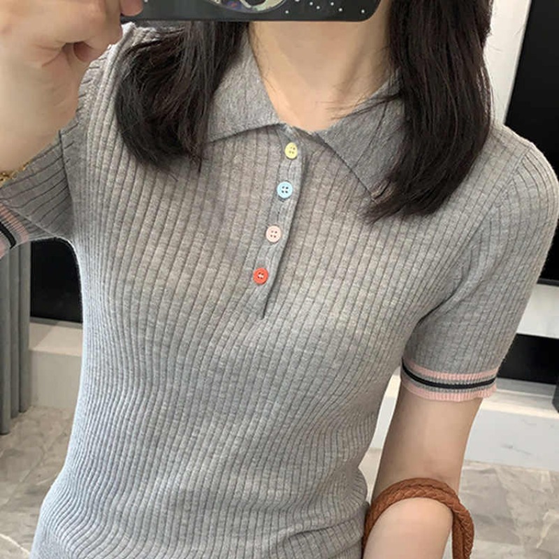設計感彩色紐扣polo領短袖針織衫薄款氣質通勤絕美修身顯瘦上衣女
