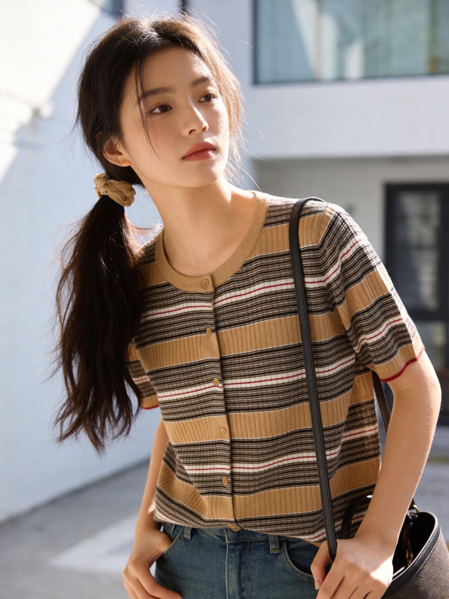 法式超漂亮天絲亞麻卡其色拼色條紋開衫針織上衣薄款T恤短袖女裝
