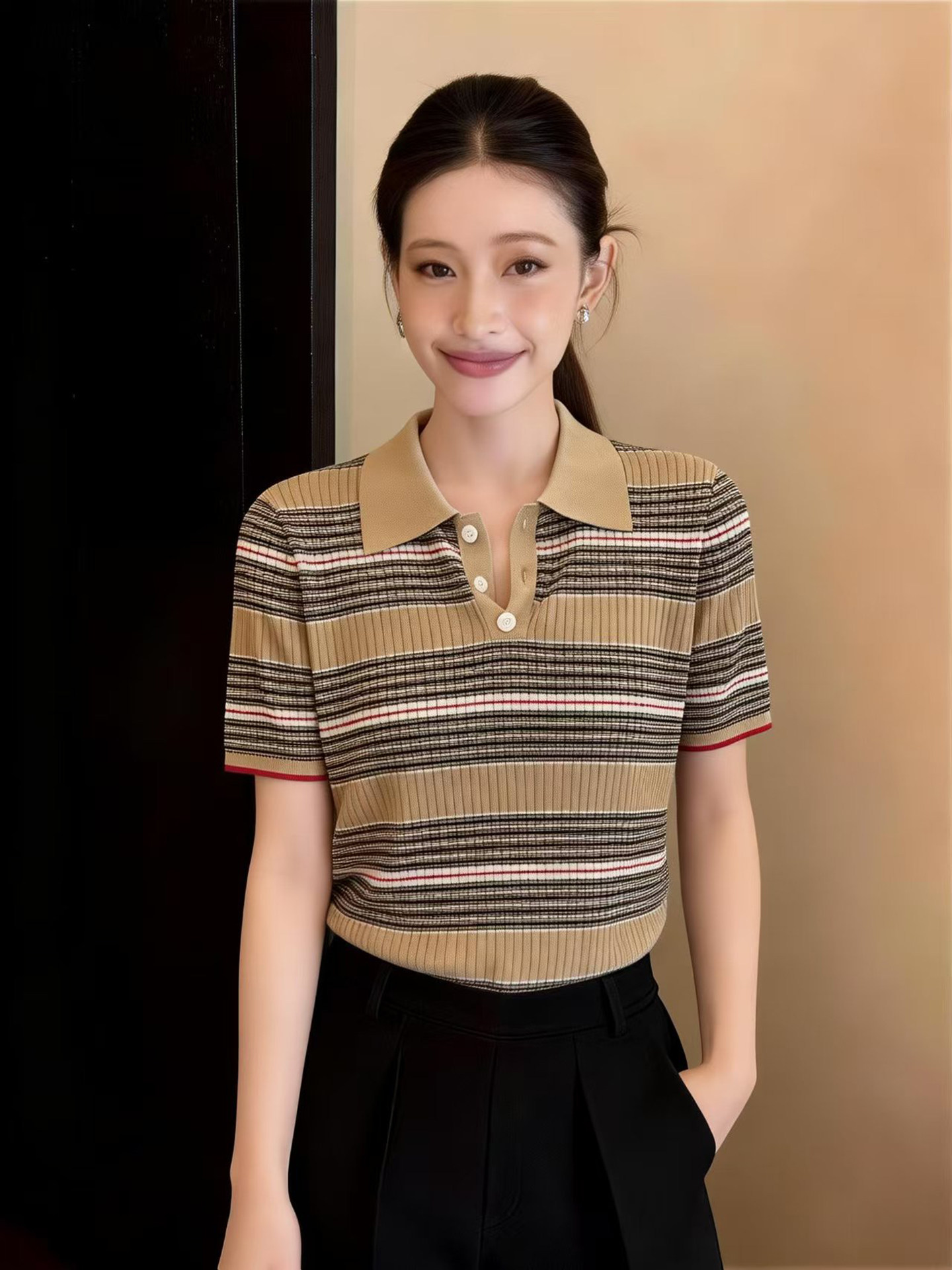 復古條紋撞色polo領短袖針織衫女2026夏季設計超好看修身氣質上衣