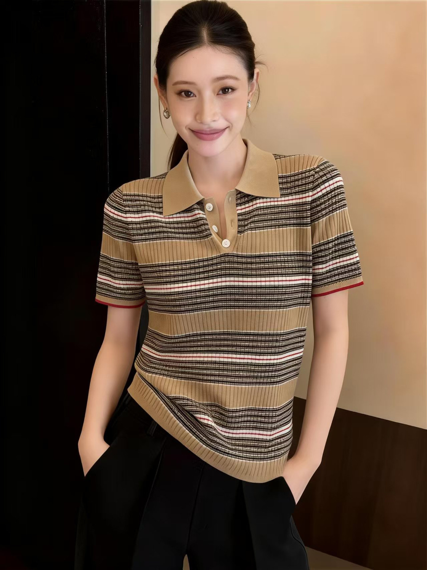 復古條紋撞色polo領短袖針織衫女2026夏季設計超好看修身氣質上衣