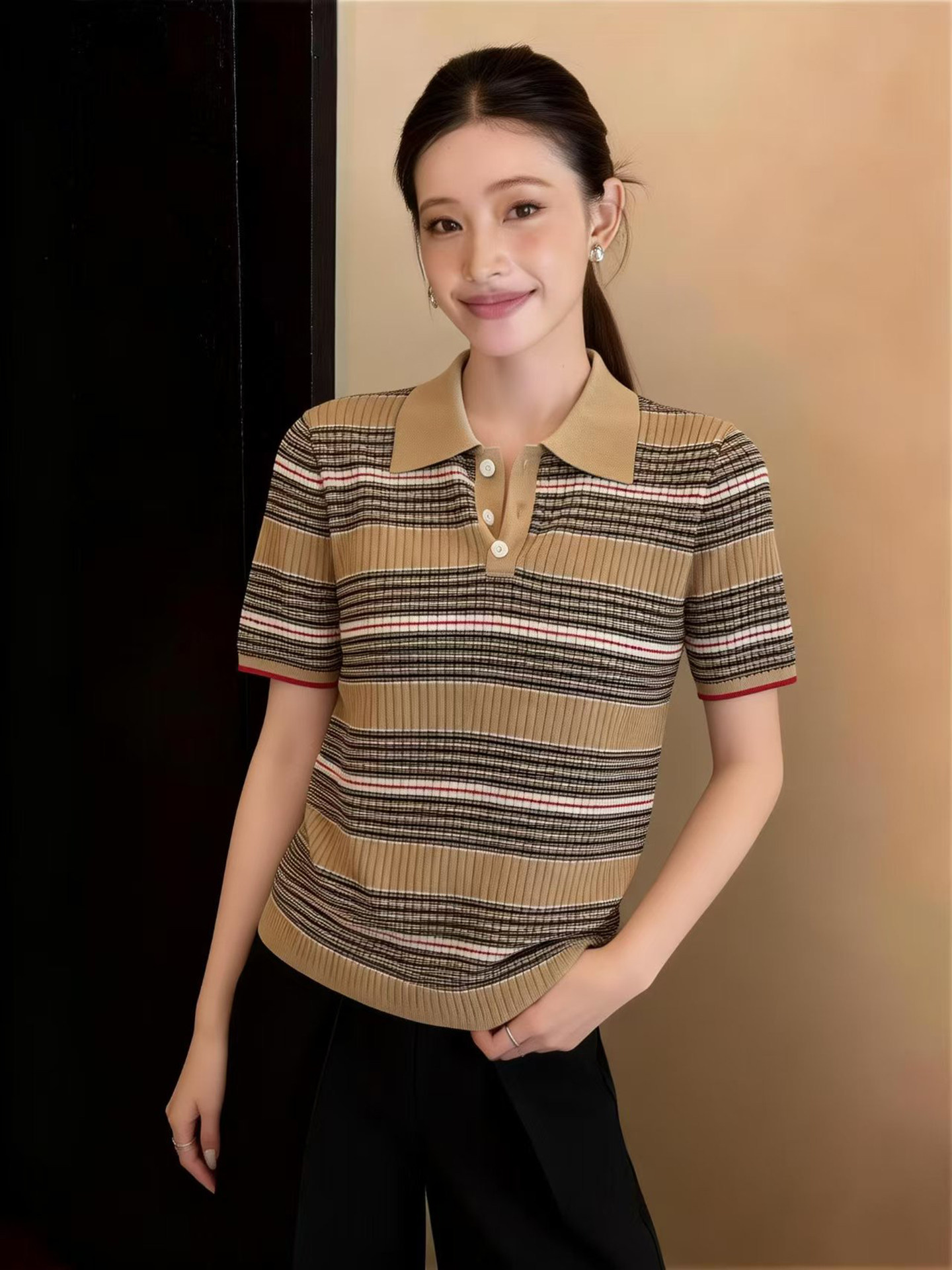 復古條紋撞色polo領短袖針織衫女2026夏季設計超好看修身氣質上衣