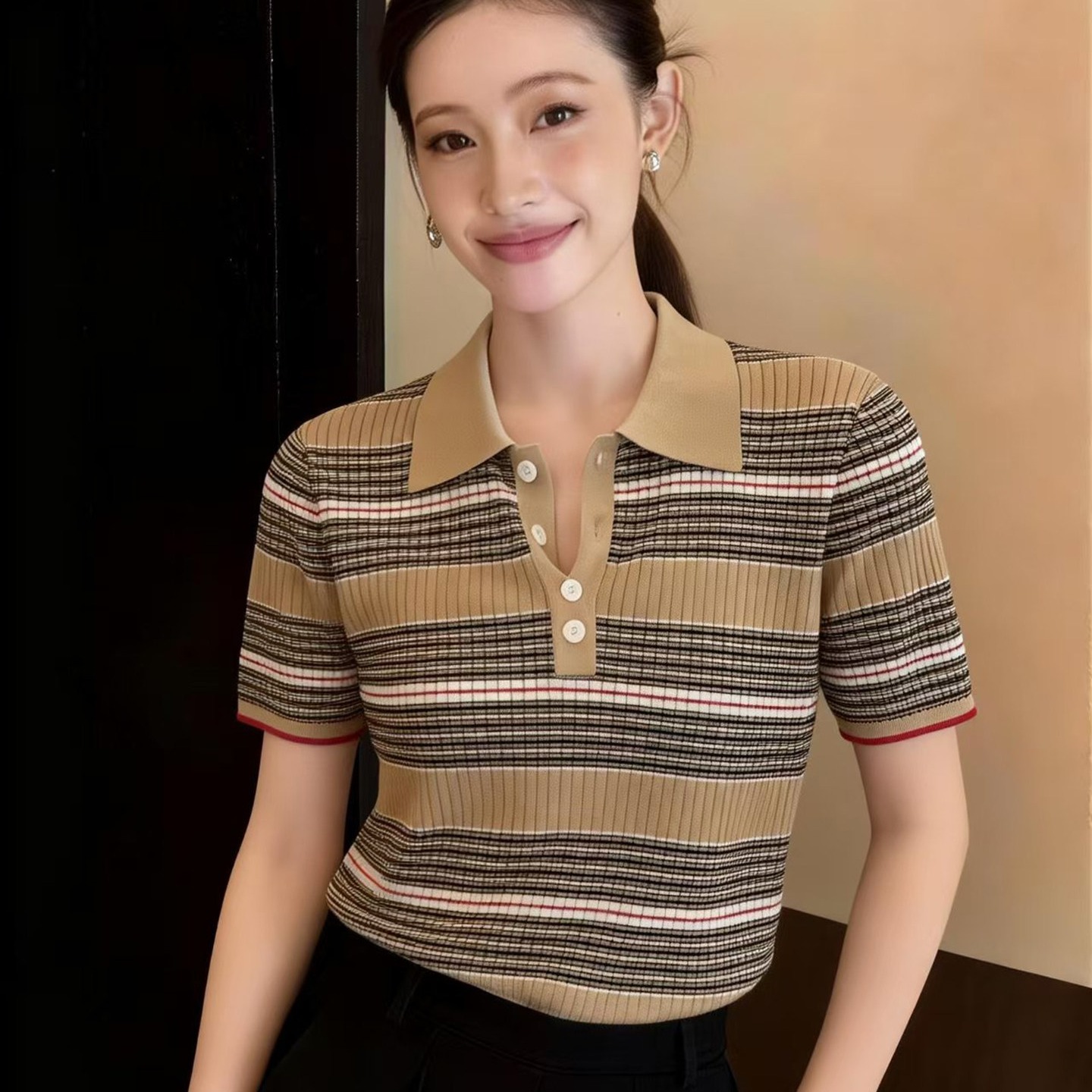 復古條紋撞色polo領短袖針織衫女2026夏季設計超好看修身氣質上衣