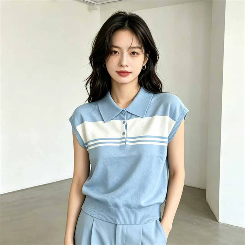 大碼寬松大碼撞色條紋Polo領冰絲針織衫女夏顯瘦百搭時髦T恤上