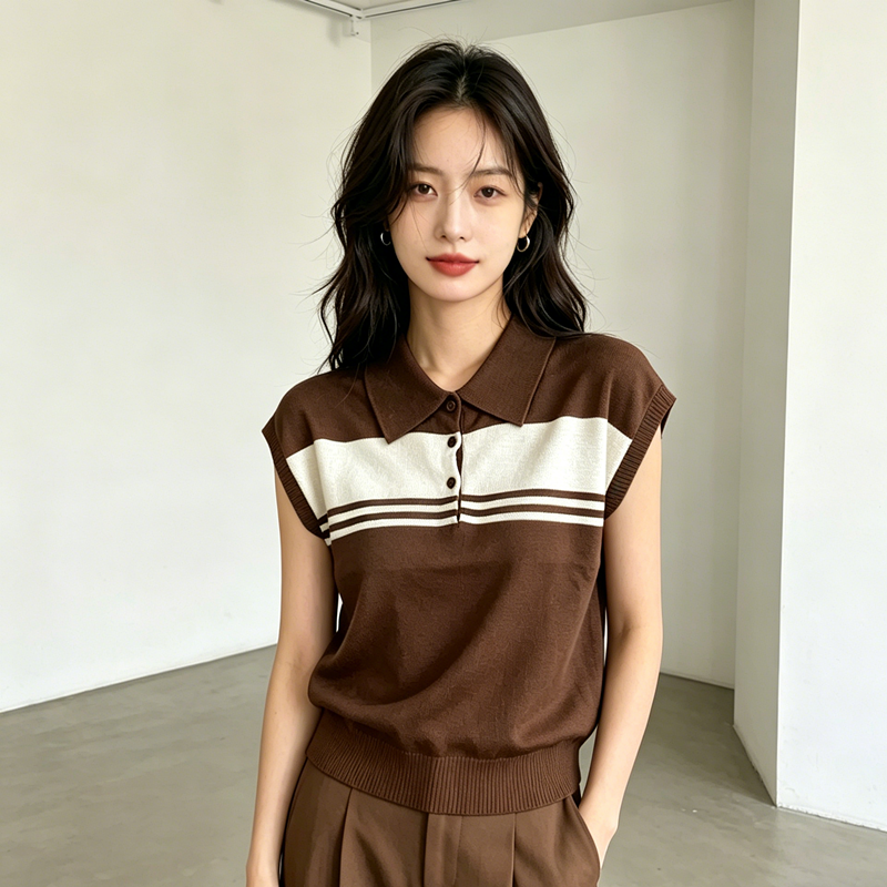 大碼寬松大碼撞色條紋Polo領冰絲針織衫女夏顯瘦百搭時髦T恤上