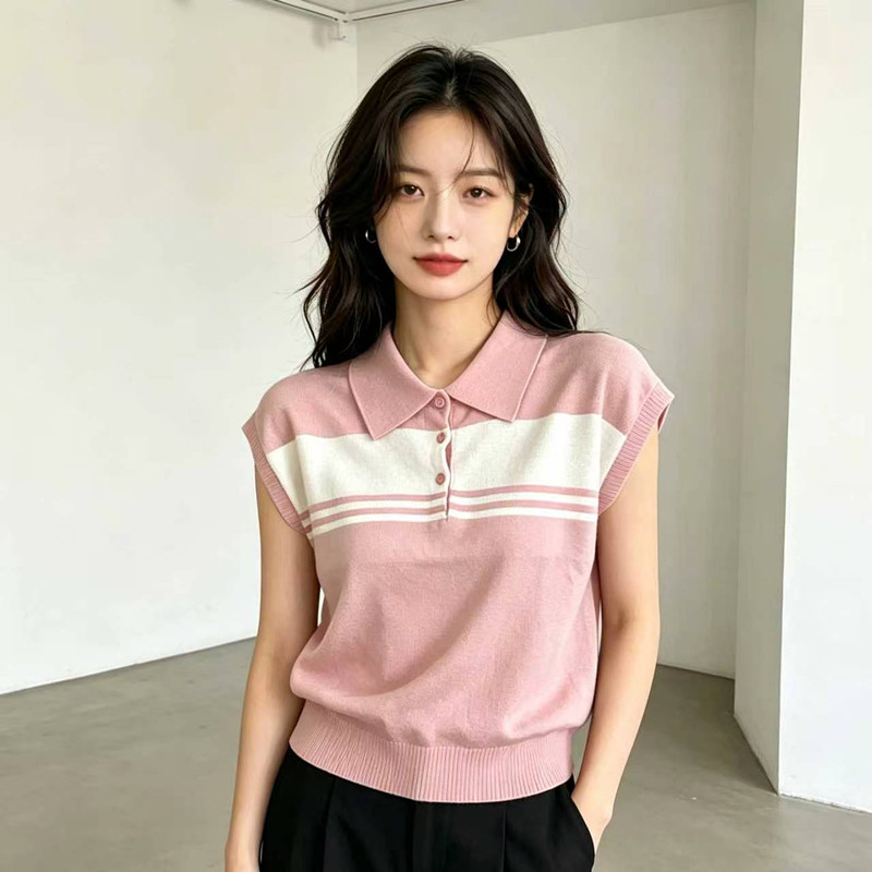 大碼寬松大碼撞色條紋Polo領冰絲針織衫女夏顯瘦百搭時髦T恤上