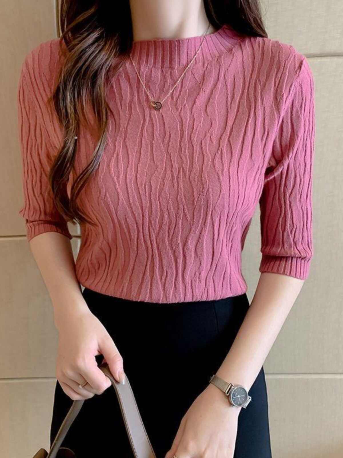 中袖打底衫毛衣女秋季新款半高領洋氣修身短款上衣內搭短袖針織衫