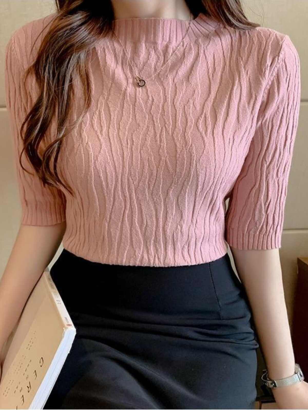 中袖打底衫毛衣女秋季新款半高領洋氣修身短款上衣內搭短袖針織衫