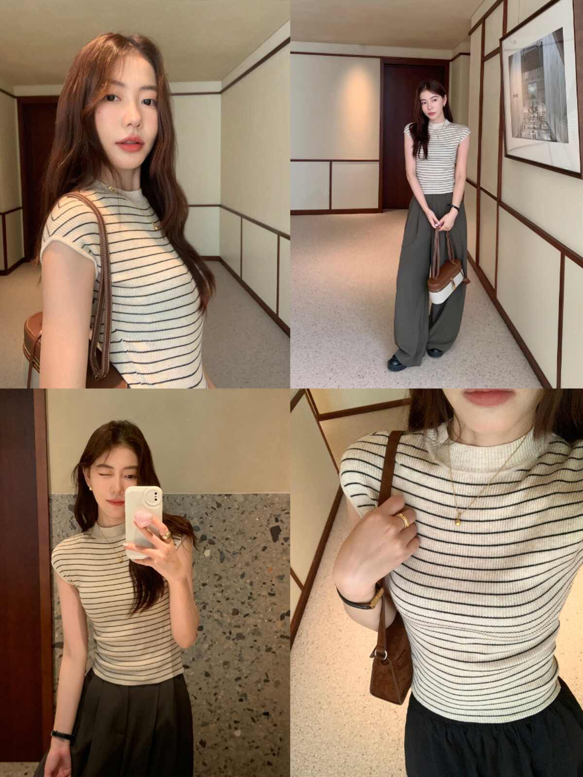 半高領條紋短袖針織衫女夏新款氣質修身顯瘦短款T恤上衣