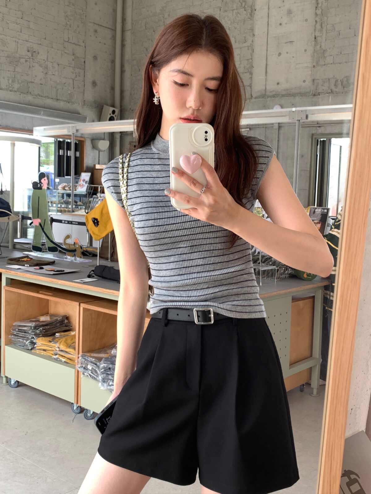 半高領條紋短袖針織衫女夏新款氣質修身顯瘦短款T恤上衣