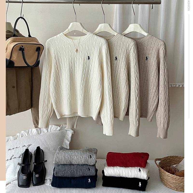 MY14731# 日韩系复古老钱风马刺绣羊绒针织衫女秋冬内外搭叠穿打底麻花...