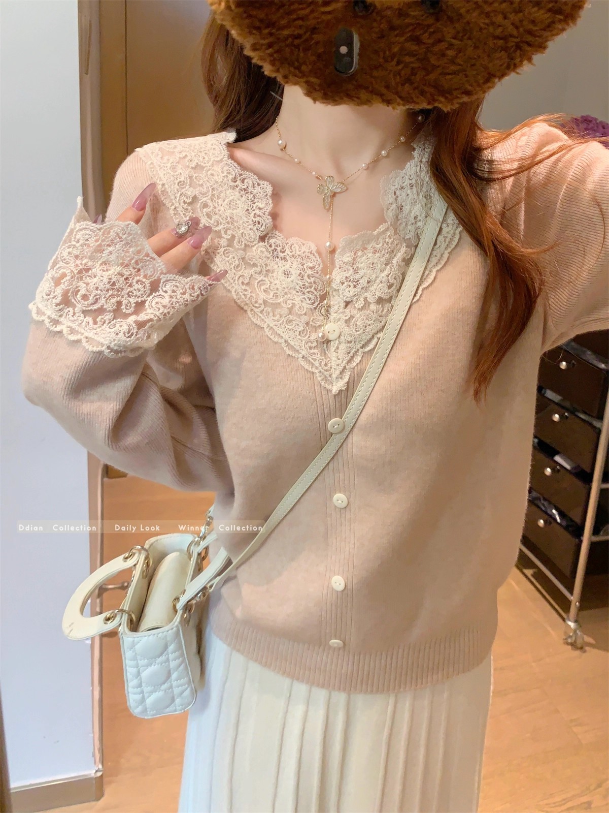 MY14728# 少女感粉色V领打底上衣女蕾丝拼接温柔风内搭显瘦针织衫毛衣...