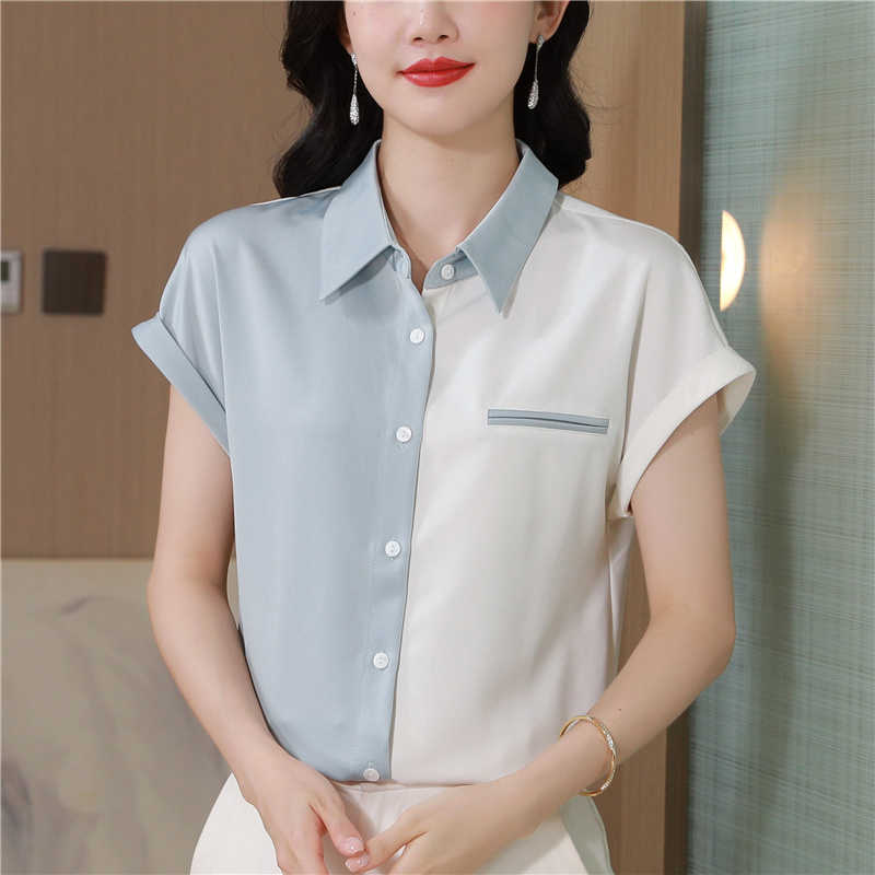 MY9406# 杭州真丝衬衫女短袖夏季新款漂亮拼色Polo领显瘦气质衬衫上衣女裝貨源服裝批發