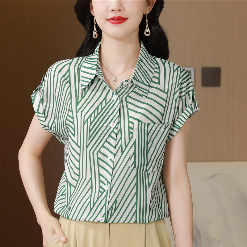 MY11719# 潮牌高端条纹衬衫女士夏季新款时尚时髦减龄显瘦短袖上衣衬衣...