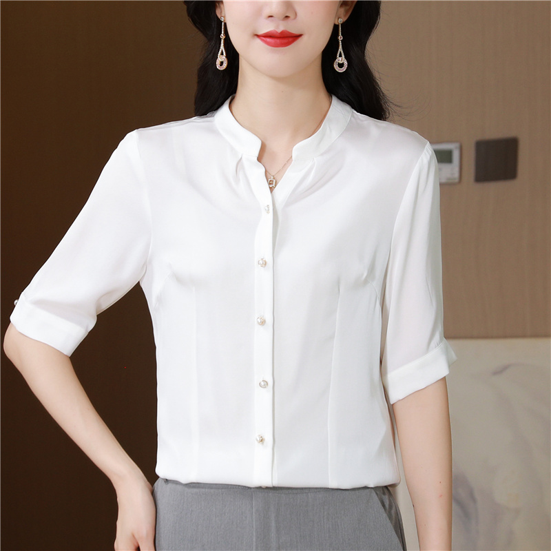 MY11720# 杭州重磅真丝衬衫女小衫新款时尚大簰上衣桑蚕丝白色t恤夏女...