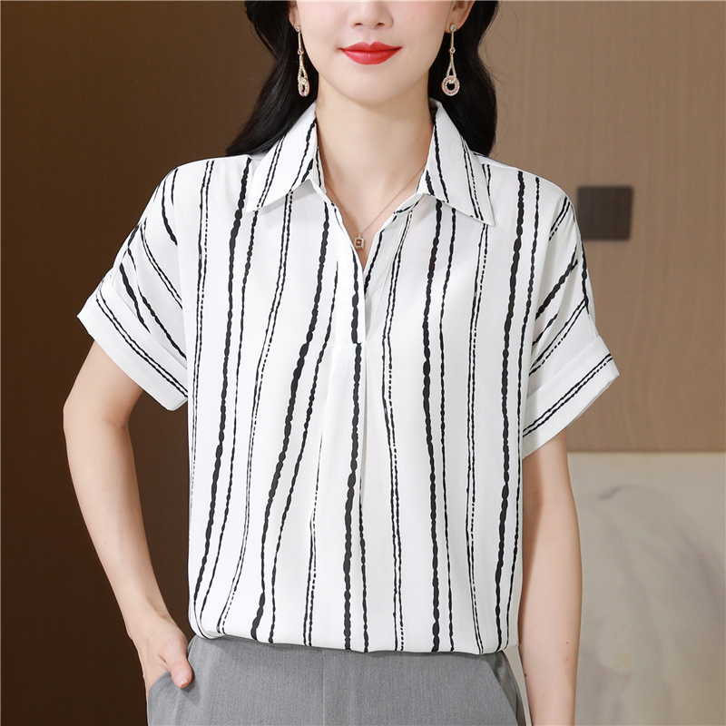 MY11718# 真丝短袖衬衫女夏季新款设计感小众通勤职业OL气质桑蚕丝条...