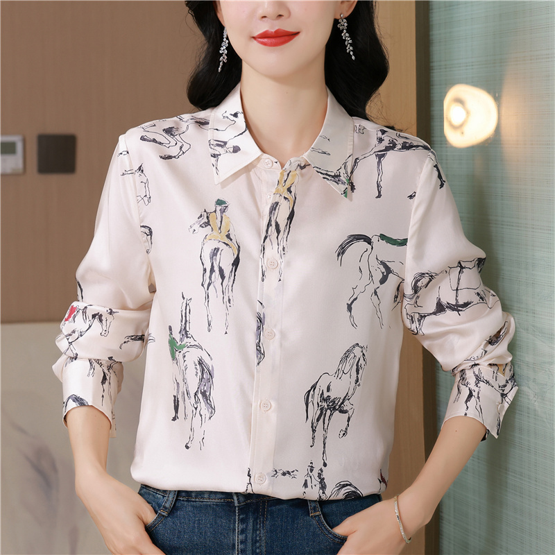 MY13774# 女裝貨源设计师款！真丝斜纹绸骏马衬衫上衣女女裝貨源服裝批...