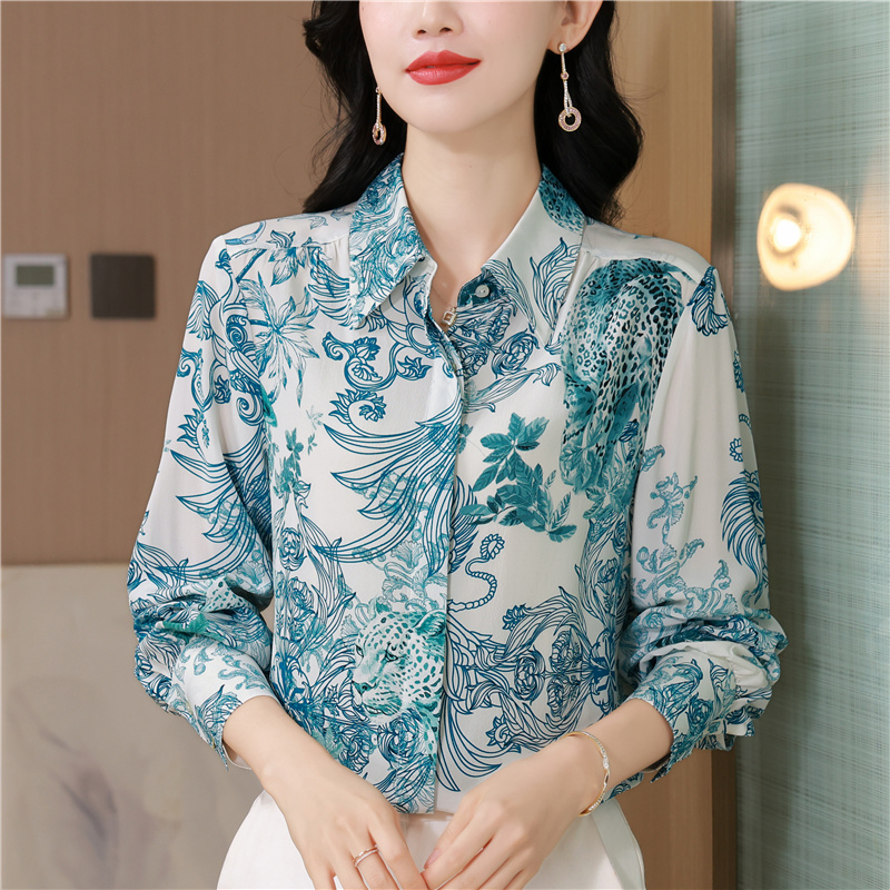 MY13776# 女裝貨源真丝复古印花长袖衬衫新款宽松翻领桑蚕丝衬衣港味显...