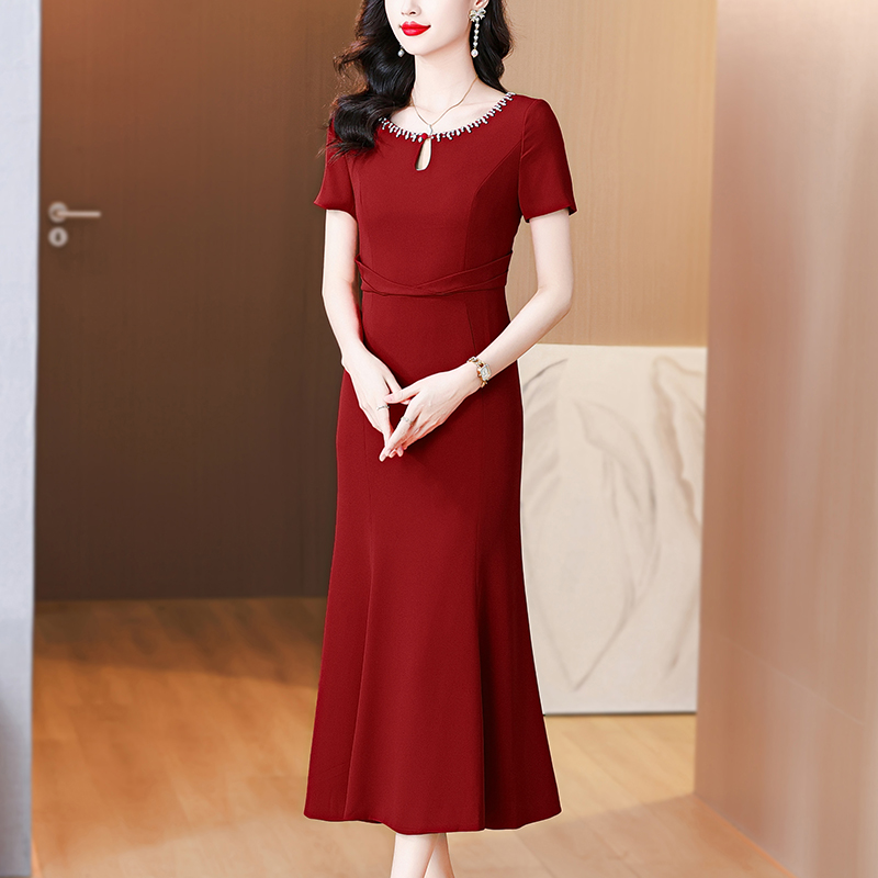 MY12498# 结婚妈妈礼服平时可穿喜婆婆婚宴装高贵参加婚礼红色鱼尾连衣...
