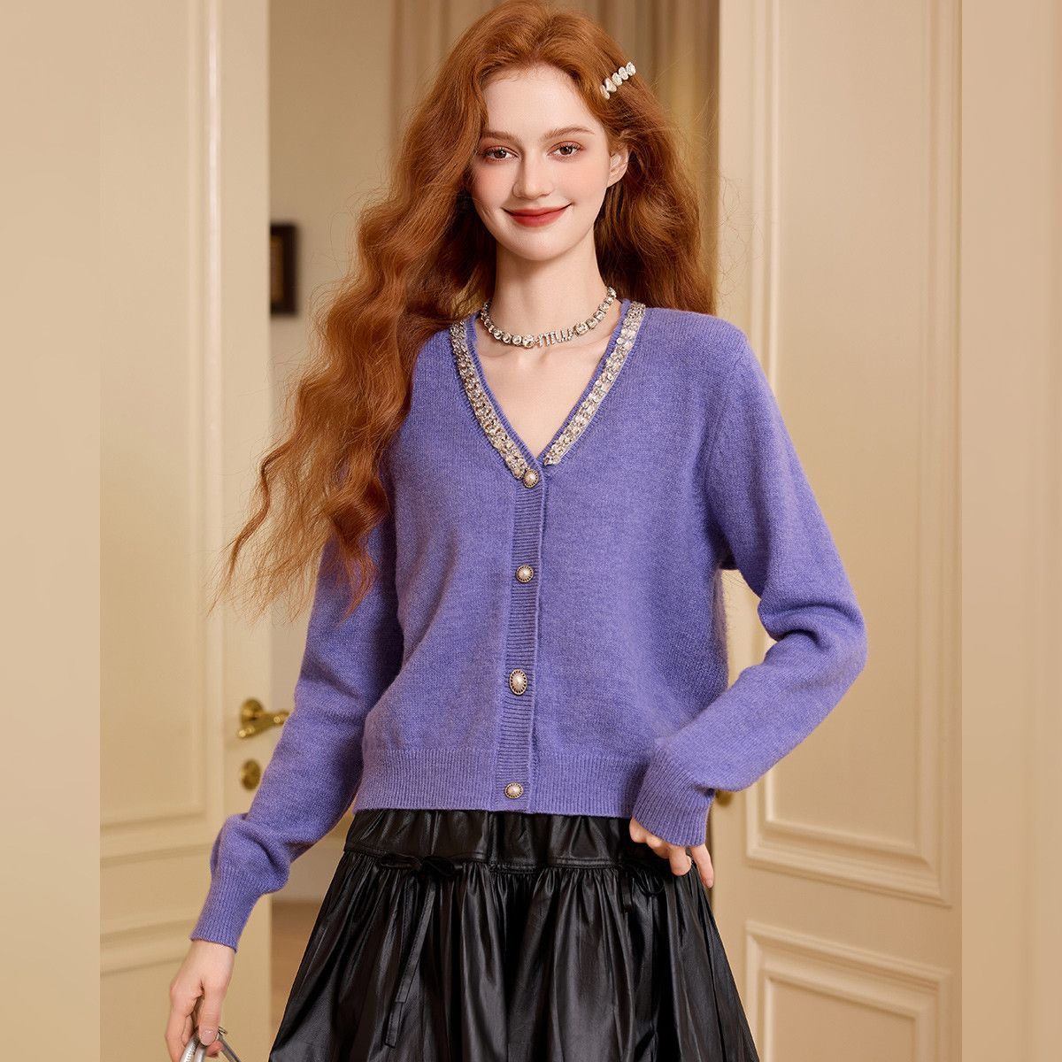 MY15328# 可外穿珠片v领针织开衫温柔气质高级感女式针织衫女裝貨源服裝批發