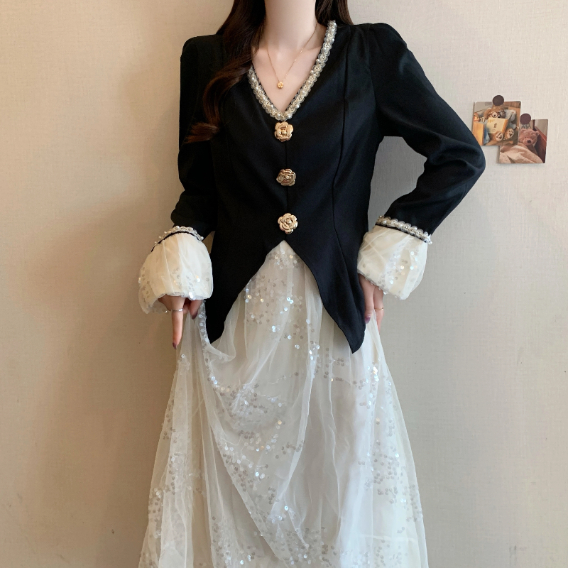 MY13643# 新款大码女装法式高级感时尚收腰显瘦假两件连衣裙女裝貨源服...