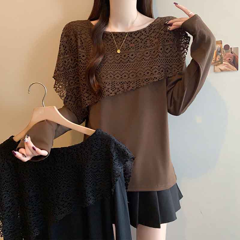 MY16701# 新款大码时尚高级蕾丝披肩缕空拼接正肩显瘦T恤上衣女裝貨源...