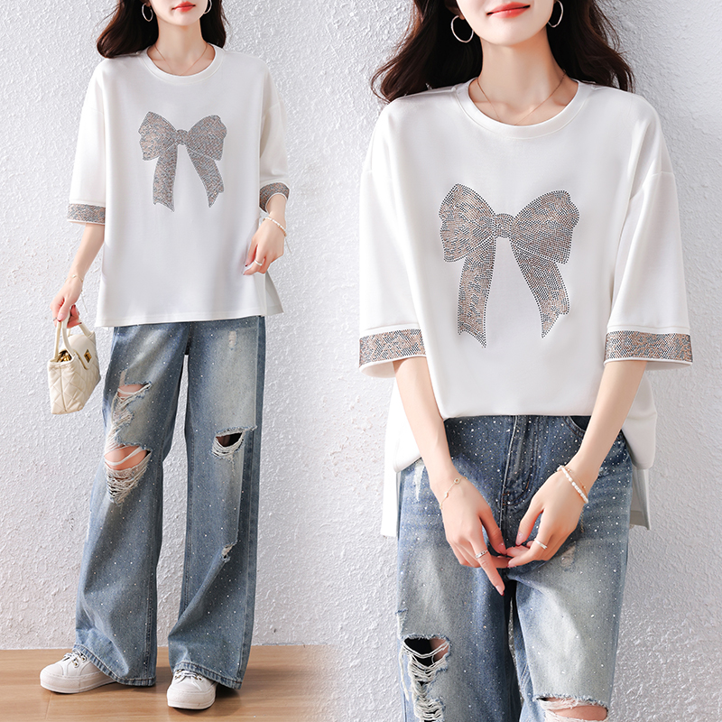 RY1627# 实拍2026夏季新款胖妹妹时尚减龄宽松遮肉显瘦重工烫钻T恤上衣、