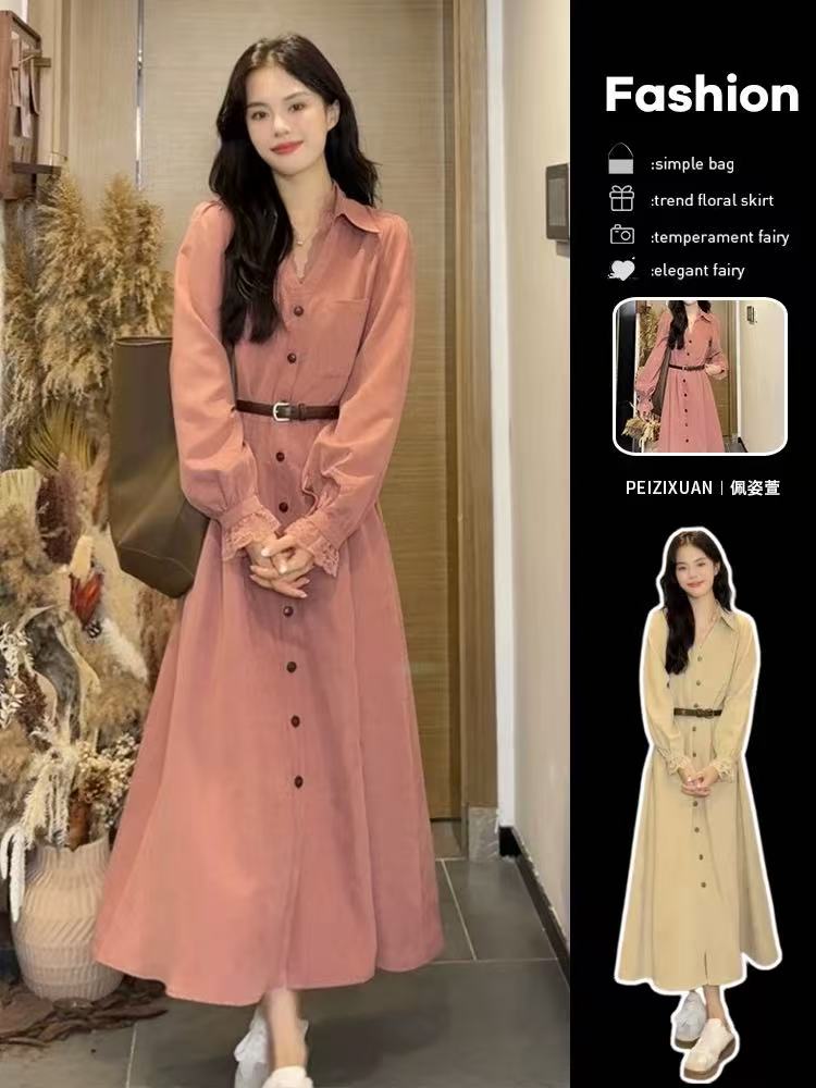 MY12769# 新款长袖衬衫粉色V领连衣裙子女装高级感法式气质长裙女裝貨...