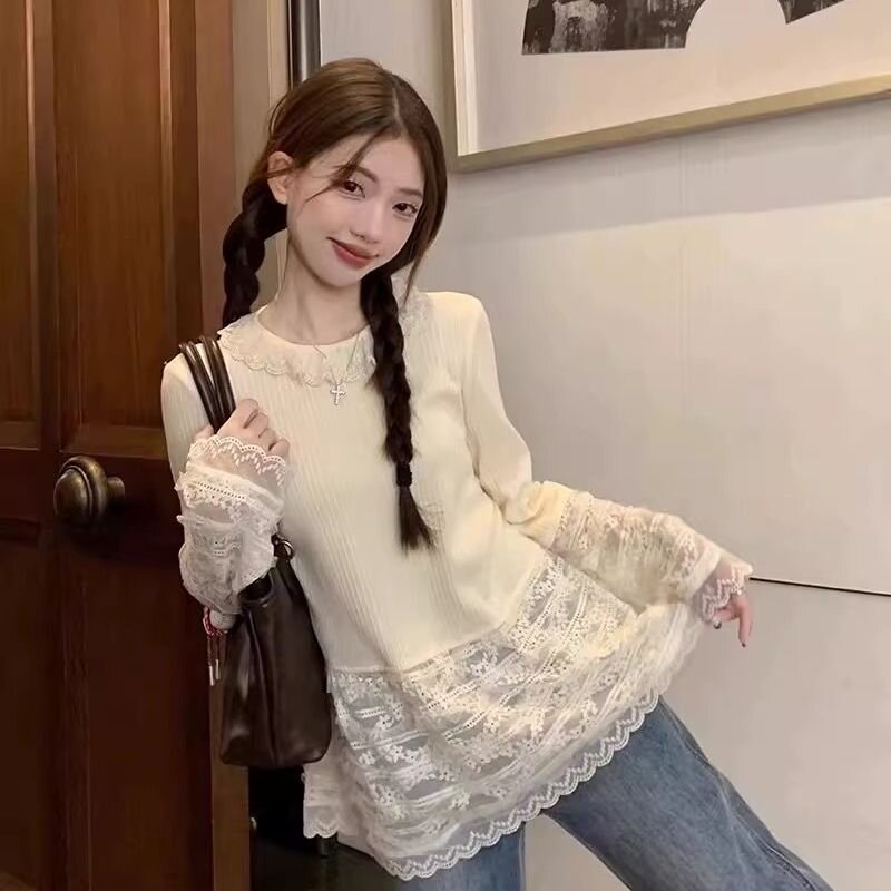 MY12772# 蕾丝花边领针织打底衫女装新款设计感中长款上衣韩系穿搭女裝...