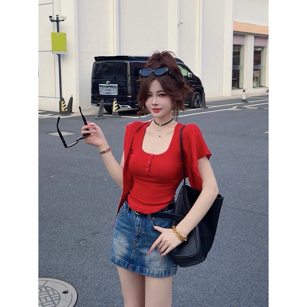 RY4053# 夏季新款时尚百搭韩系U领小飞袖短款带披肩针织上衣女