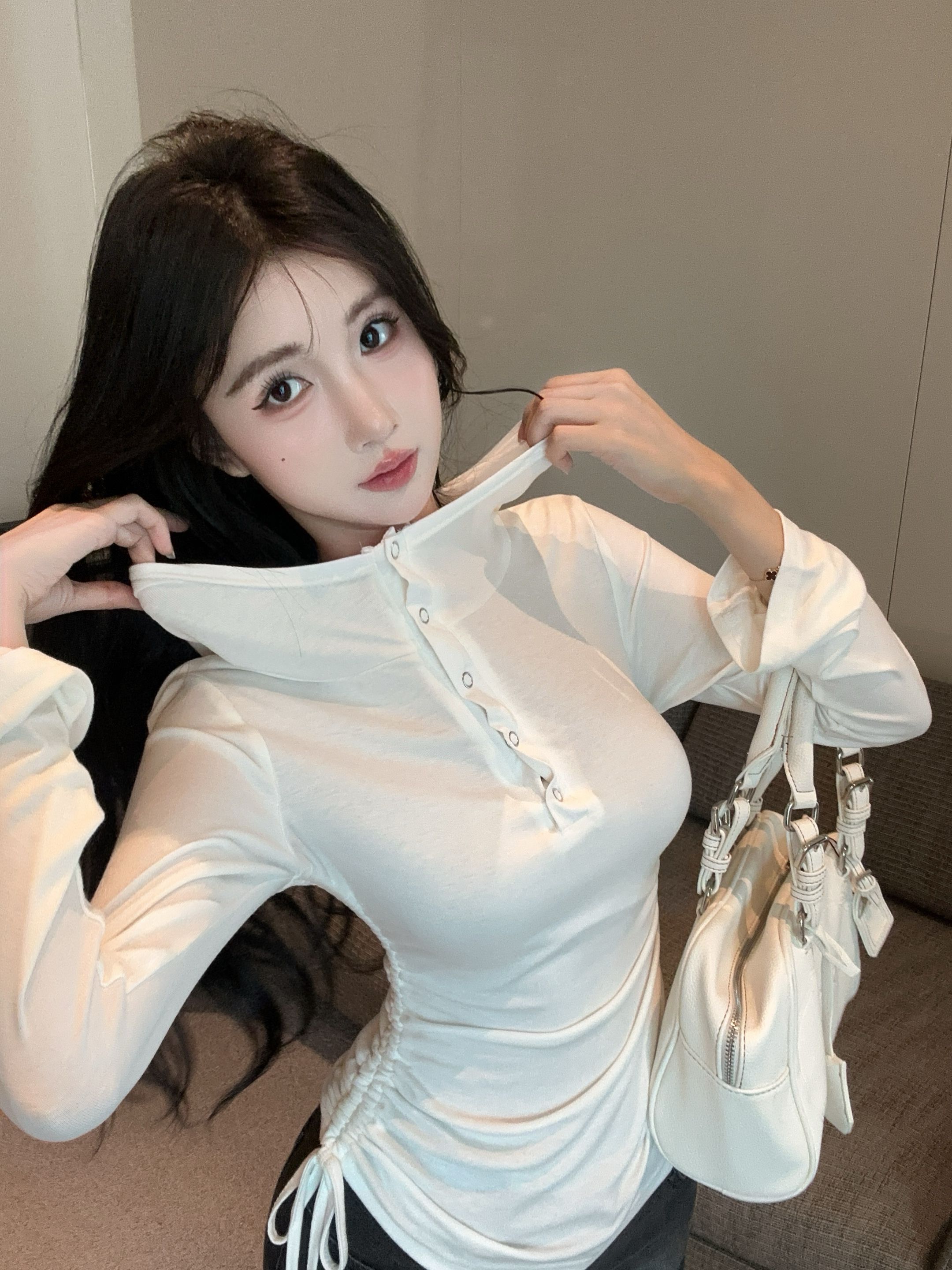 MY13206# 新款修身显瘦抽绳连帽卫衣百搭T恤打底衫女上衣女裝貨源服裝批發