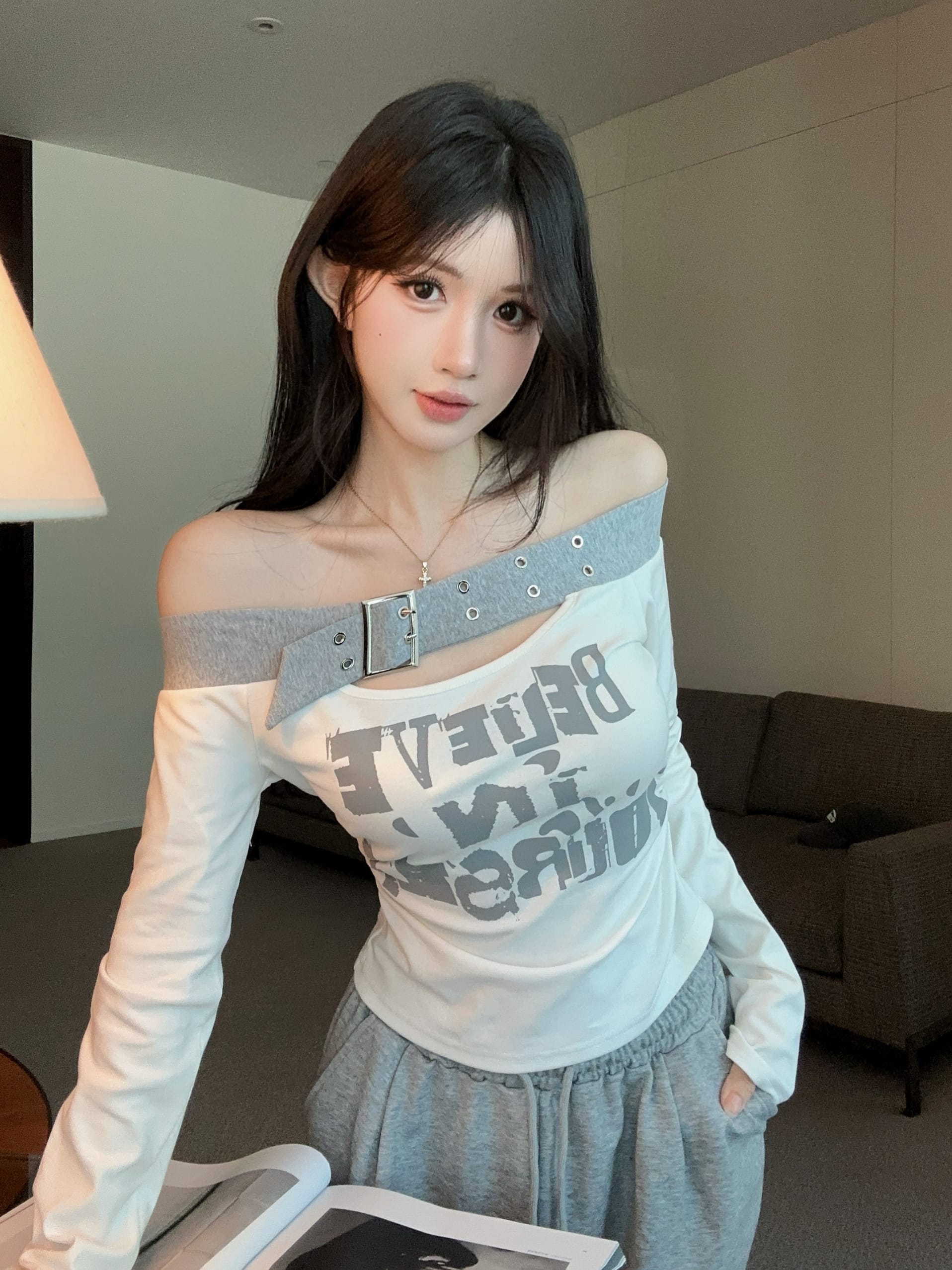 RY2898# 实拍实价 设计感一字肩长袖字母印花T恤抽绳宽松休闲阔腿裤套...