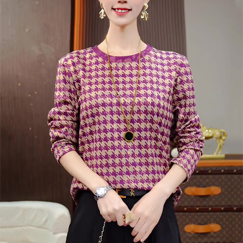 MY15178# 千鸟紫格新款抗起球高端减龄显瘦打底衫女裝貨源服裝批發