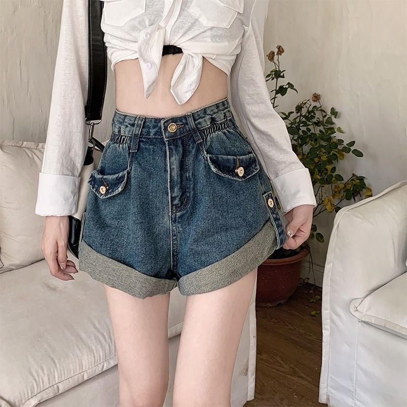 MY70139# 小众卷边阔腿热裤胖mm高腰大码牛仔短裤女夏季薄款辣妹显瘦潮女裝貨源服裝批發