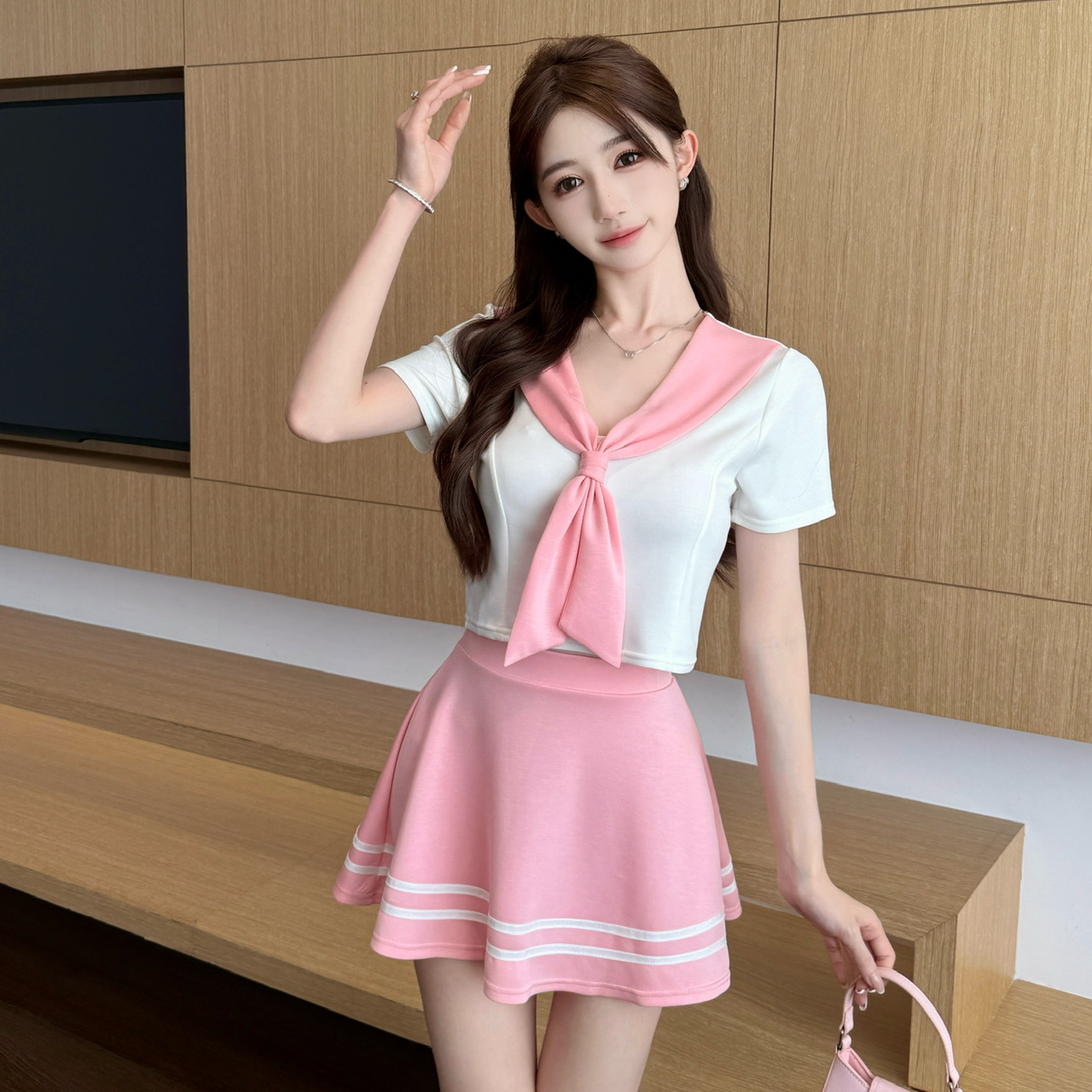 實拍控2撞色短款制服裙兩件套