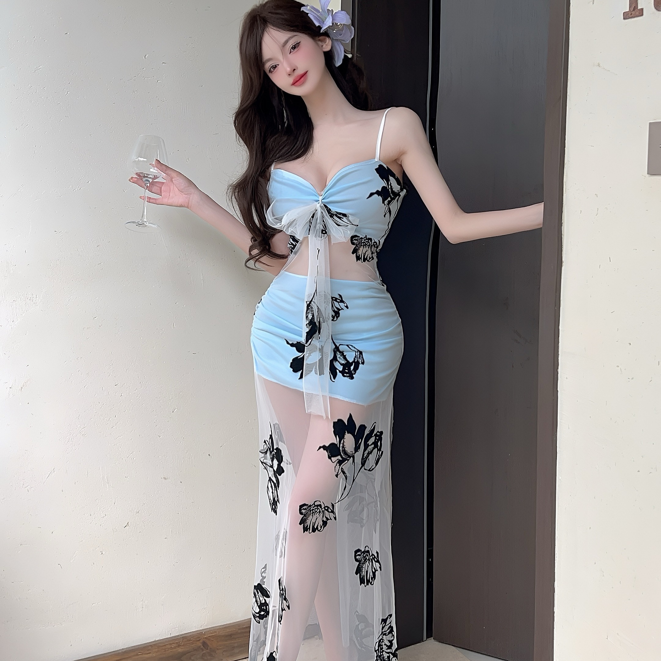 實拍控2性感網紗提花長款鏤空吊帶打底連衣裙