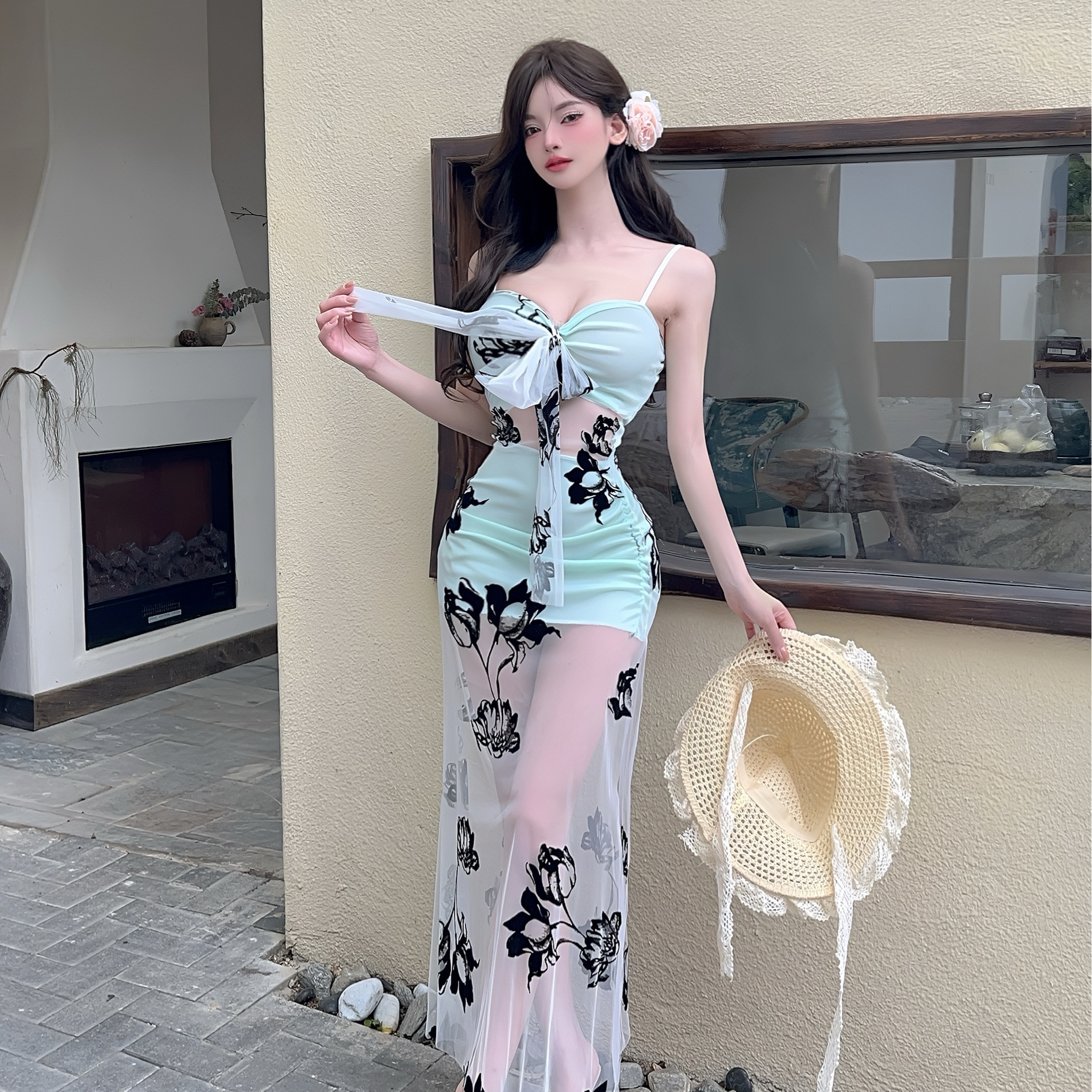 實拍控2性感網紗提花長款鏤空吊帶打底連衣裙