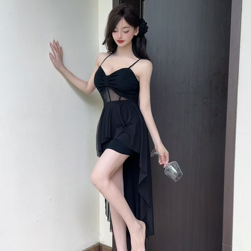 實拍控2性感網紗拼棉不規則中長款吊帶打底連衣裙
