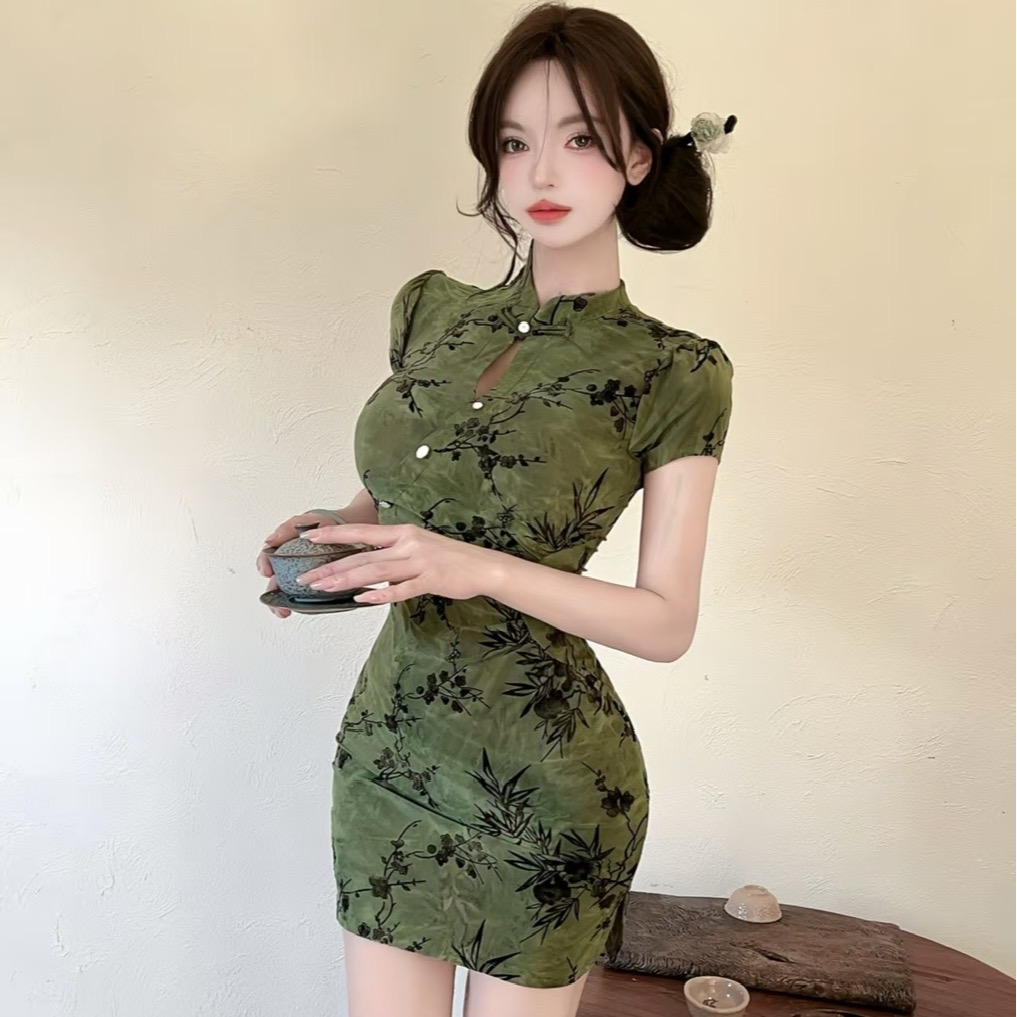 實拍控2性感冰絲植絨改良旗袍包臀打底短袖連衣裙