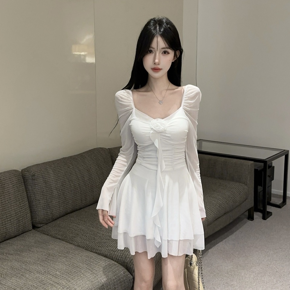 MY12811# 性感低胸网纱大摆长袖打底连衣裙女裝貨源服裝批發