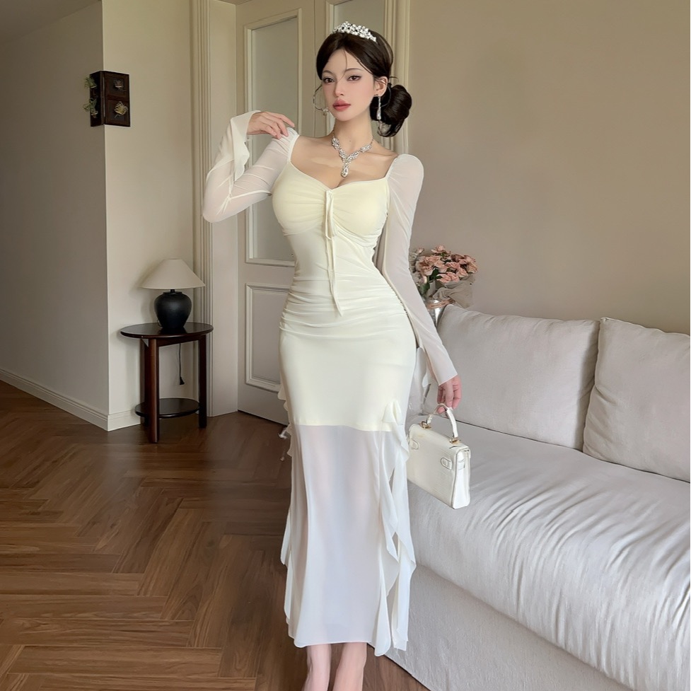 MY12810# 性感网纱打底长袖长款紧身连衣裙女裝貨源服裝批發