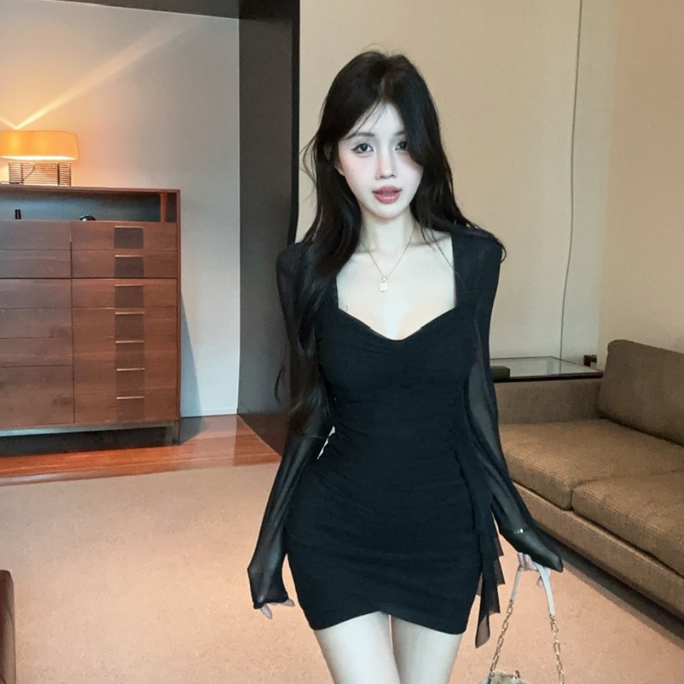 實拍長袖性感低胸方領網紗流蘇包臀打底連衣裙