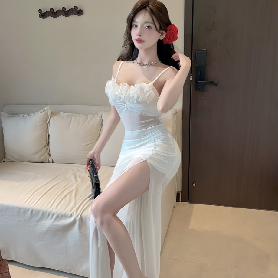 實拍性感長款半透視網紗吊帶花朵拼接打底連衣裙