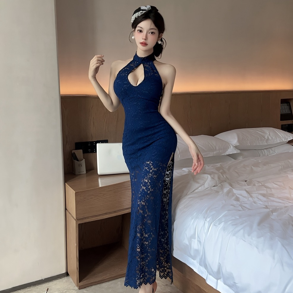 實拍性感長款綁帶低胸打底無袖蕾絲連衣裙
