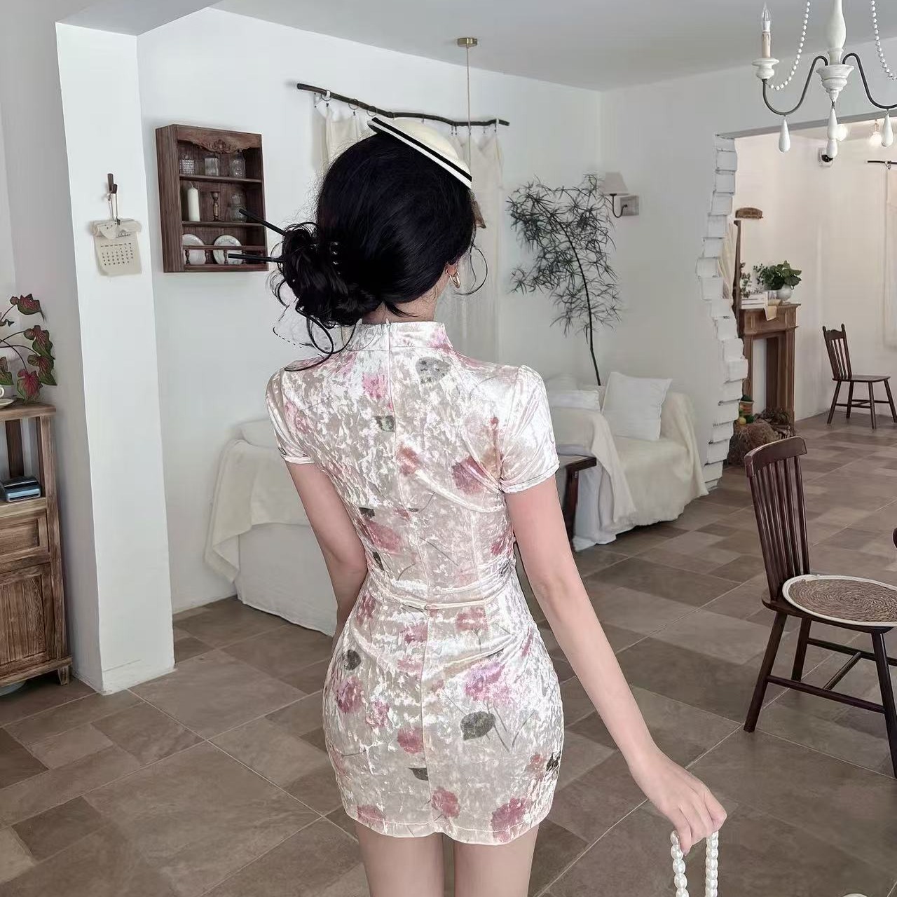 實拍低胸金絲絨印花短袖改良旗袍包臀打底連衣裙