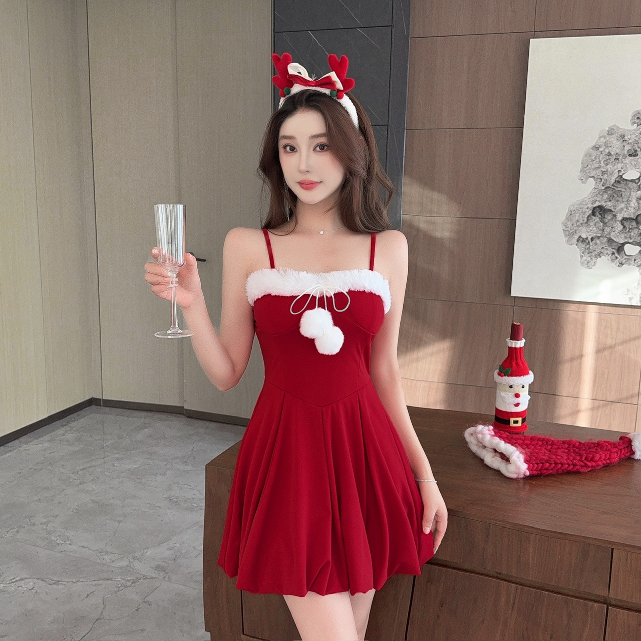 實拍低胸毛絨拼接撞色蓬蓬裙吊帶打底連衣裙